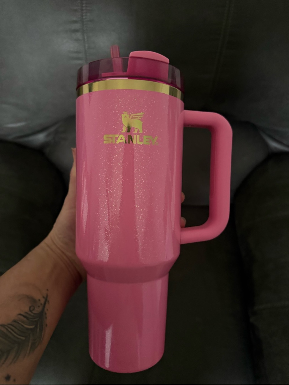 Stanley Pink Glitter Travel Mug with Gold Accents and Handle